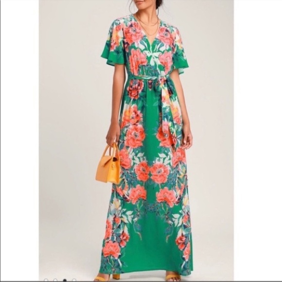 Lulus Still In Paradise Green Floral Print Maxi Dress vacation wedding guest - Picture 8 of 16